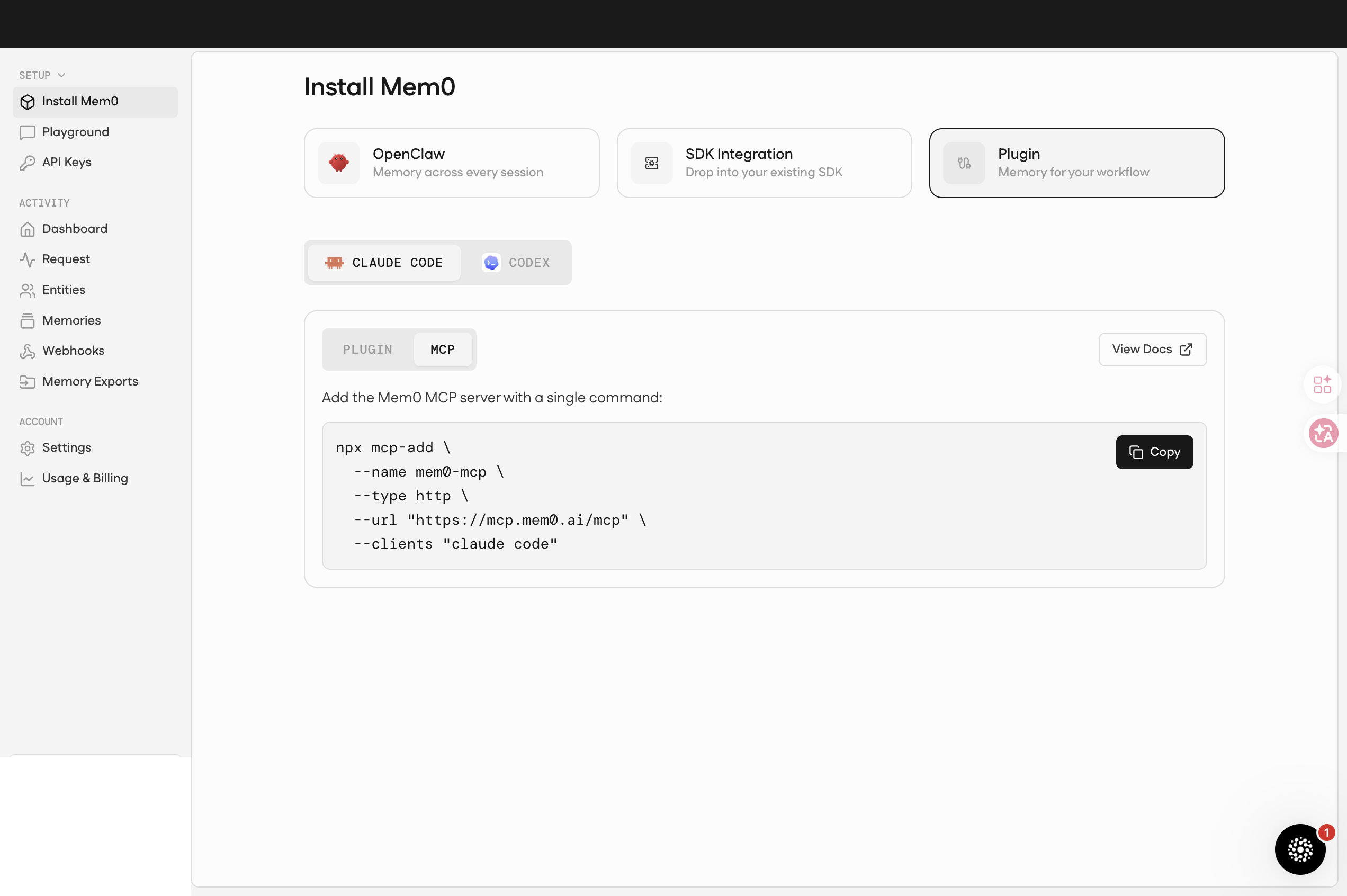 Install Mem0 — MCP 模式