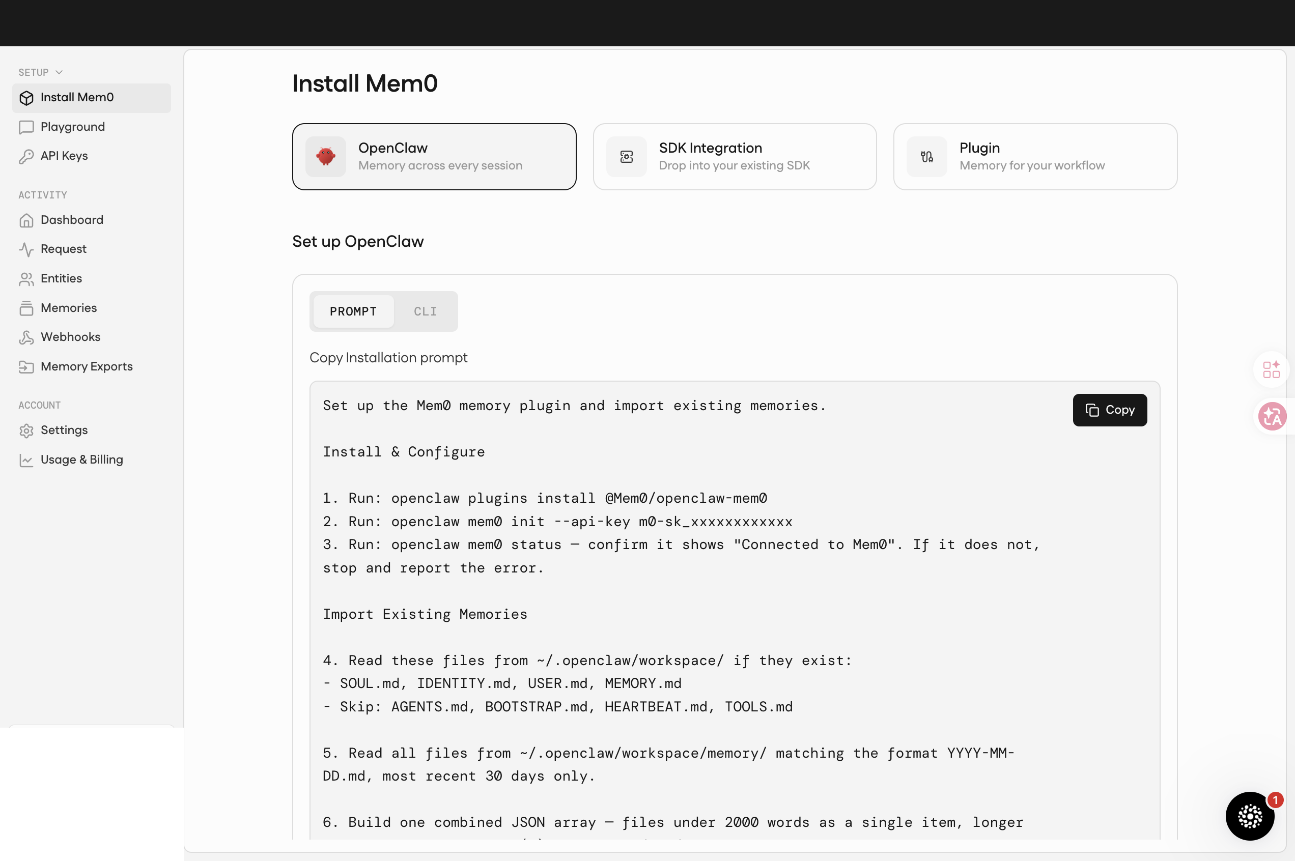 Install Mem0 — OpenClaw 模式(用 prompt 設定整合)
