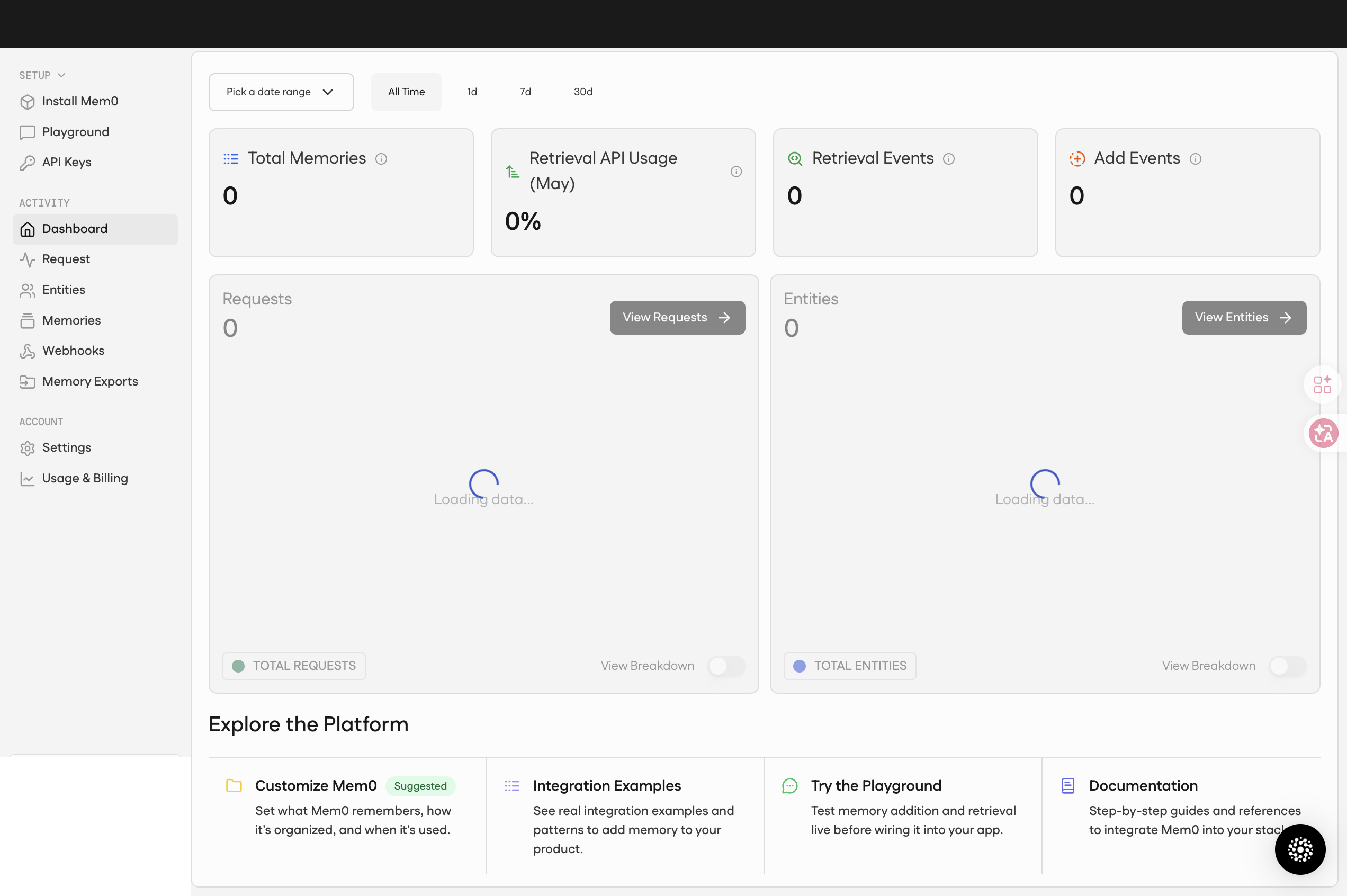 Dashboard 主頁 — Total Memories / Retrieval API Usage / Retrieval Events / Add Events / Requests / Entities