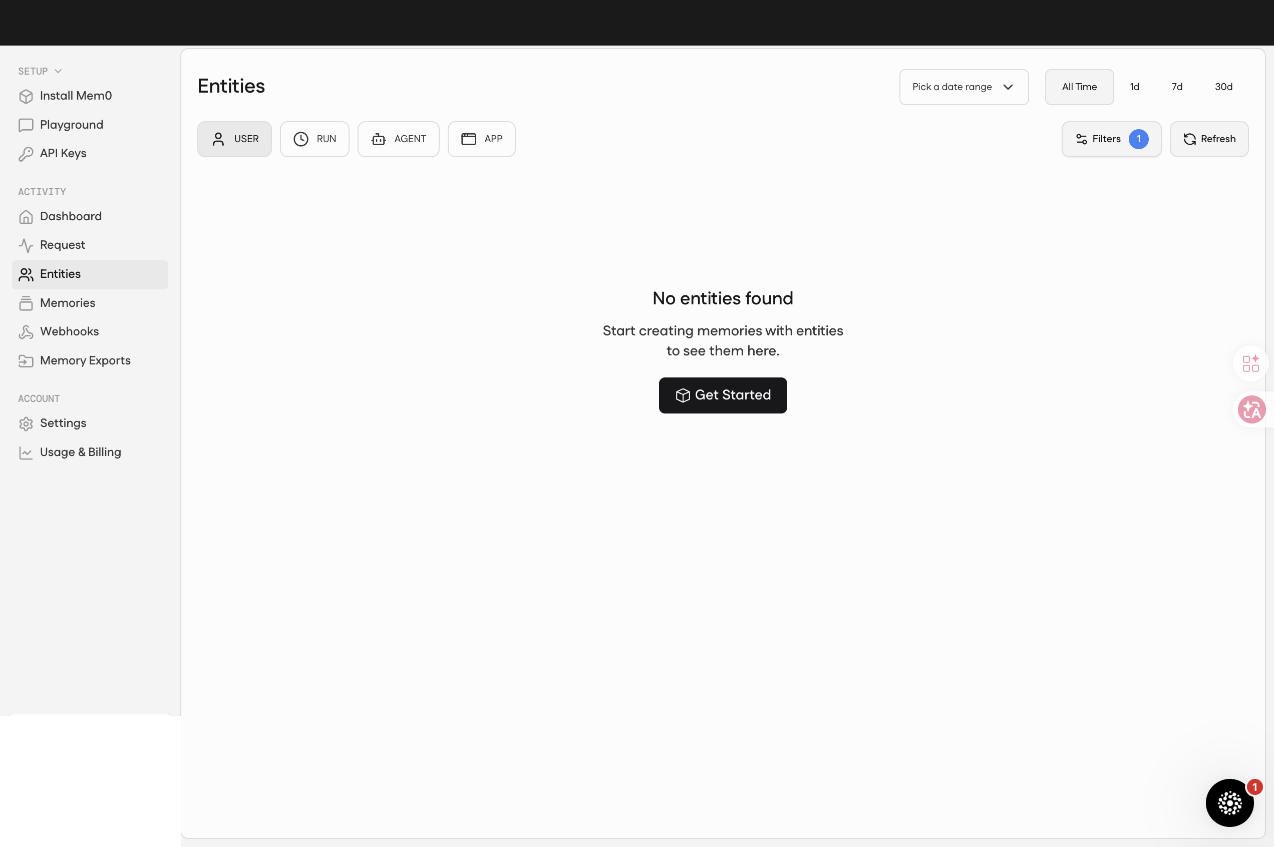Entities 頁 — USER / RUN / AGENT / APP 四個類型