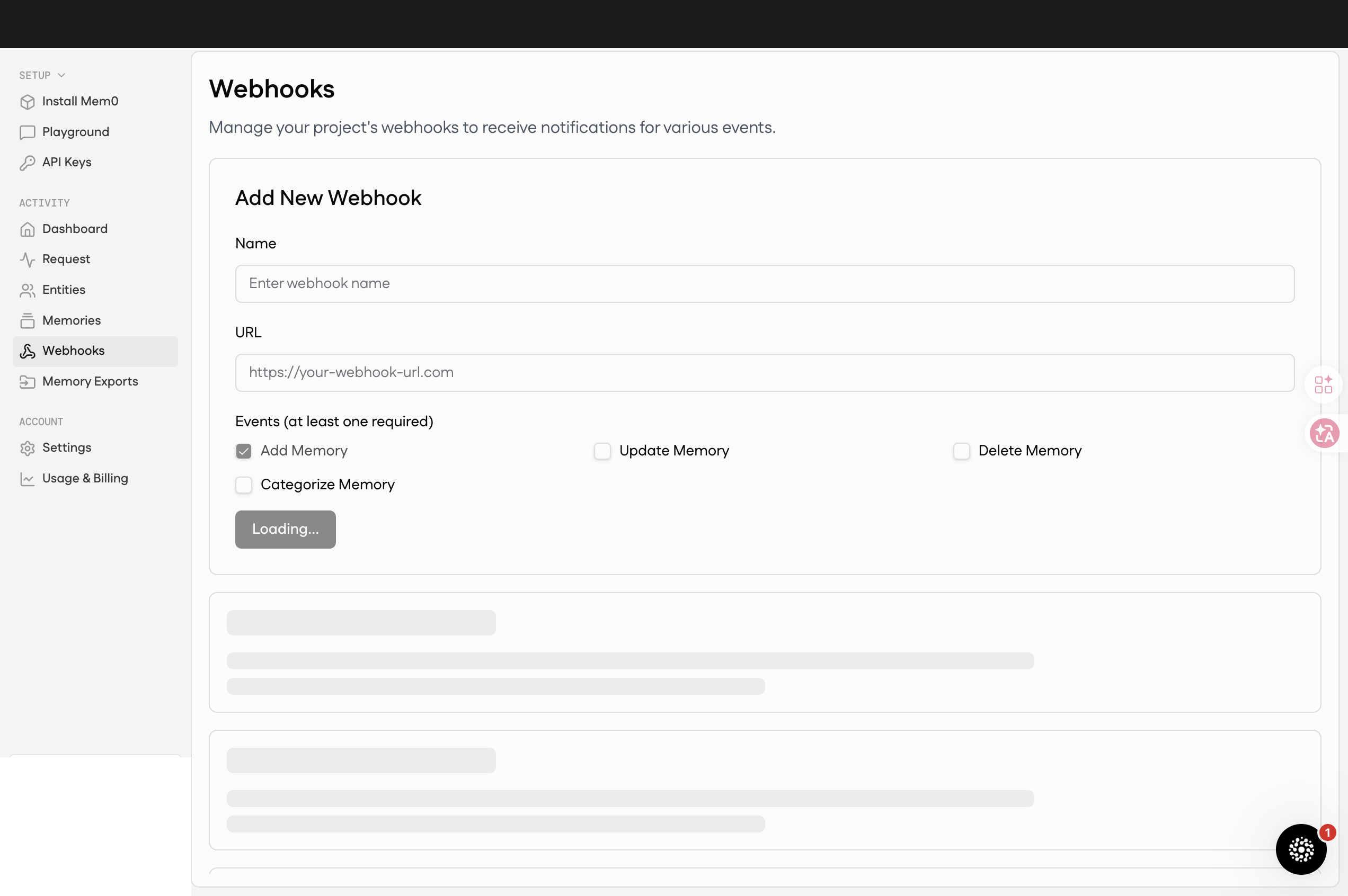 Webhooks 設定 — Add / Update / Delete / Categorize Memory
