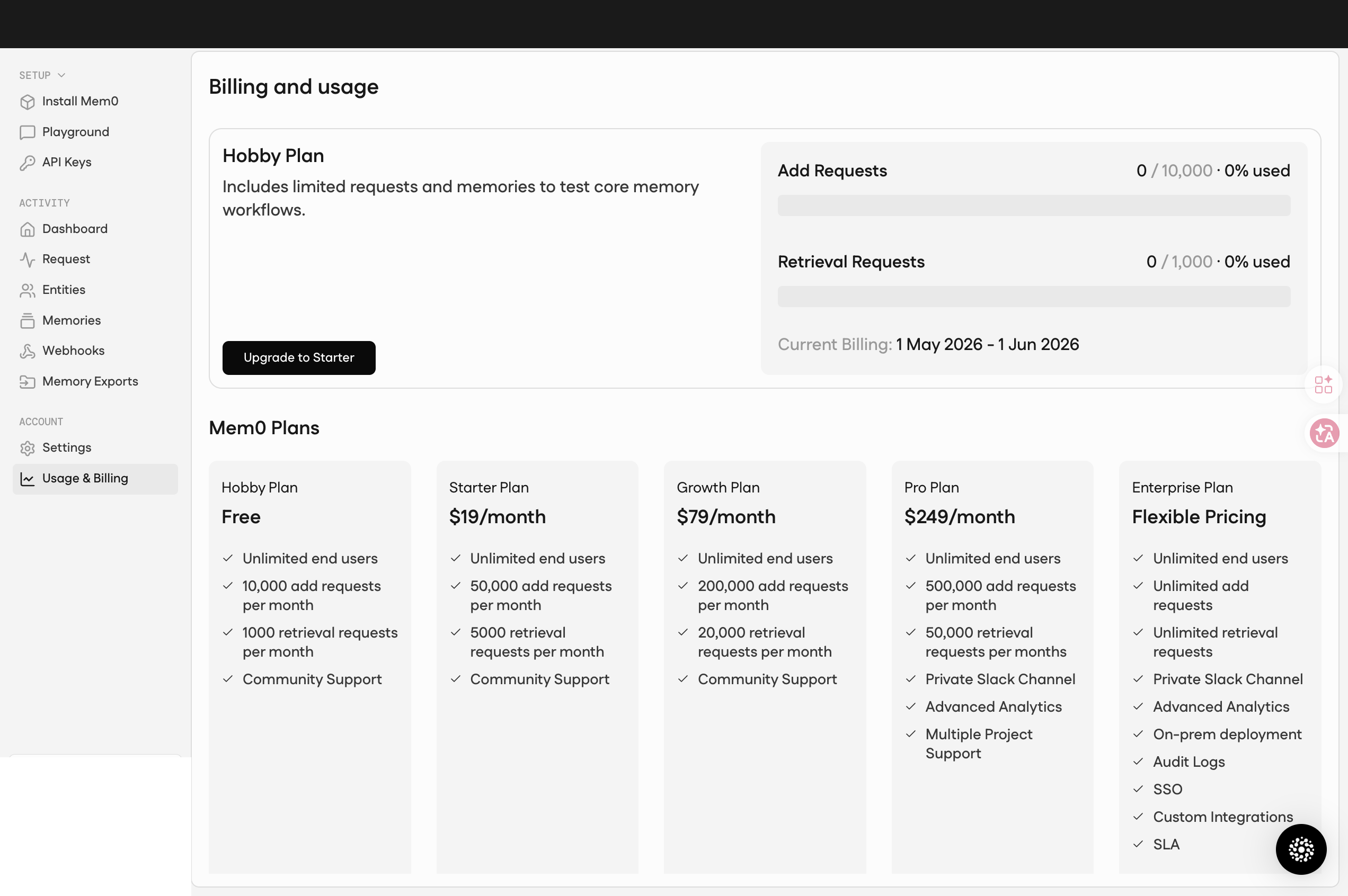 Billing & Usage — Hobby Free / Starter $19 / Growth $79 / Pro $249 / Enterprise Flexible