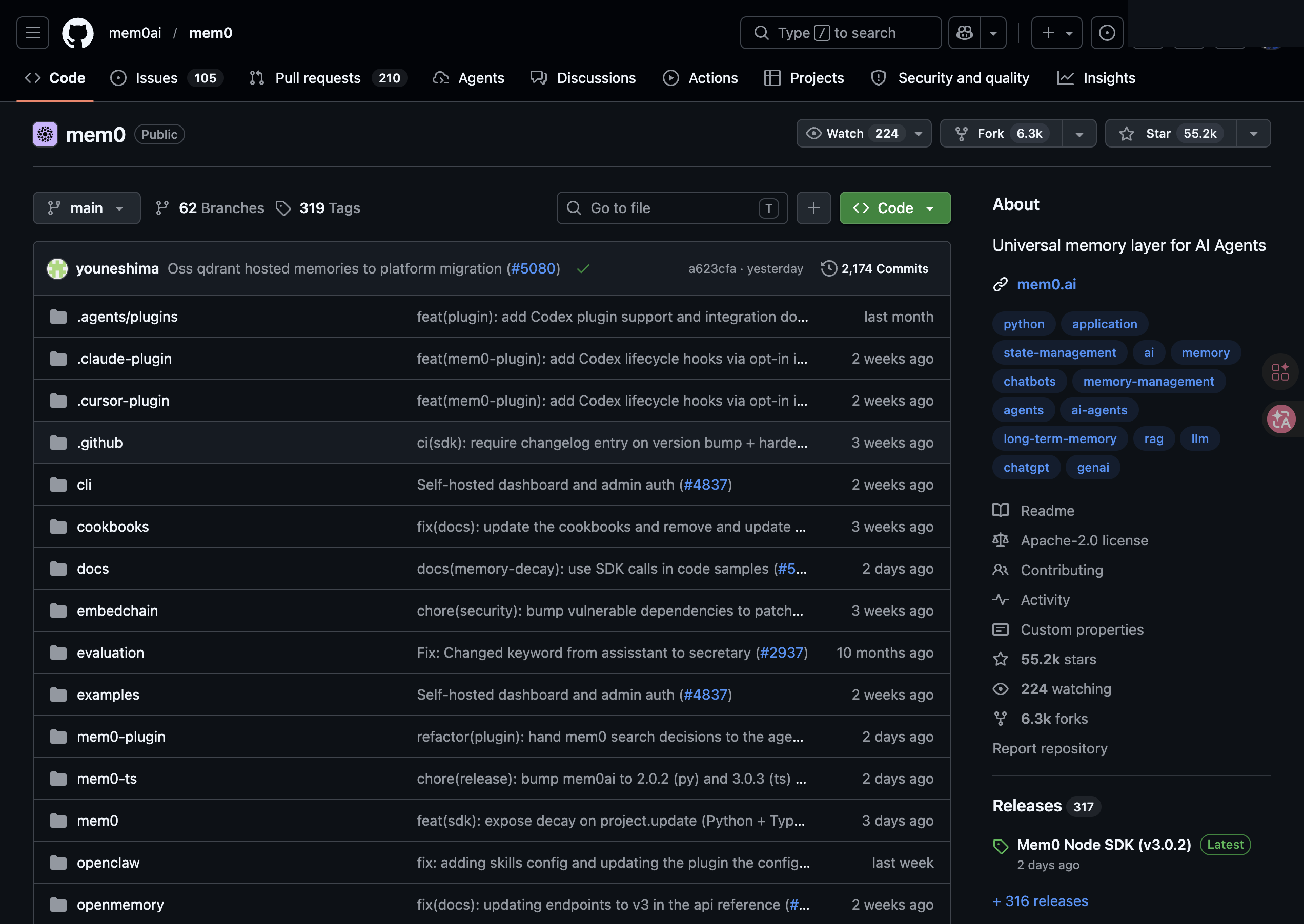 mem0 GitHub 首頁,55.2k stars,Apache 2.0;倉庫結構透露的線索:`.claude-plugin/`、`.cursor-plugin/`、`.agents/plugins/`、`cli/`、`openclaw/`、`openmemory/`、`evaluation/` 各自獨立——這不是一個 SDK 的儲存庫結構,是一個生態系的儲存庫結構。