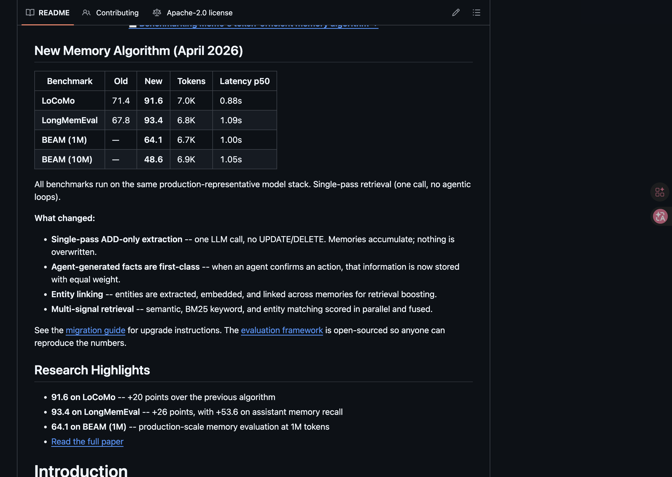 mem0 README 中的 New Memory Algorithm (April 2026) benchmark 表
